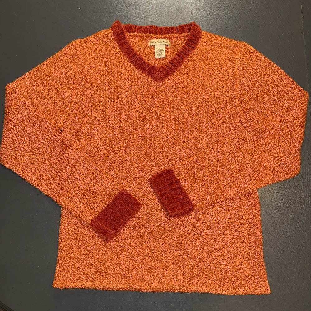 Mountain Lake Orange V Neck Fall Sweater Womans L Boho Hippie Cottagecore